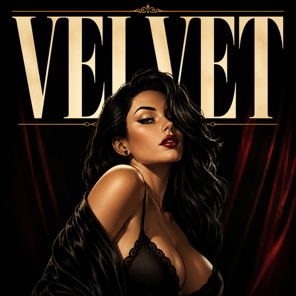 Promotional graphic for Velvet Noir Art Books featuring two illustrated women in black lace lingerie posed symmetrically on a black background with ornate gold typography and decorative framing.